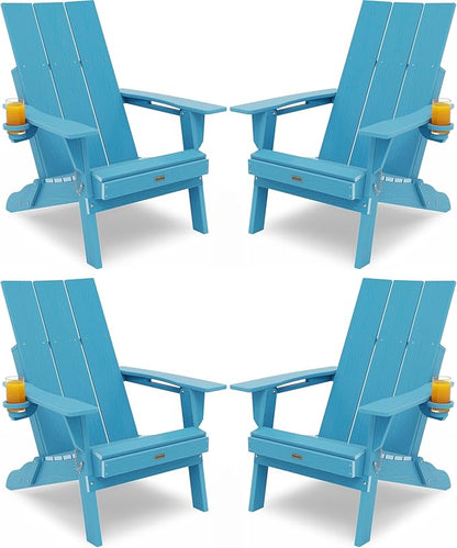 Adirondack Chair with Cup Holder: Folding Adirondack Chairs Set of 4 Plastic HDPE Material Furniture - Modern Composite Fire Pit Chairs Foldable for Outdoor/Backyard/Garden/Lawn/Deck/Porch