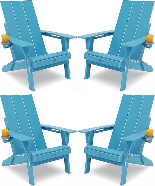 Adirondack Chair with Cup Holder: Folding Adirondack Chairs Set of 4 Plastic HDPE Material Furniture - Modern Composite Fire Pit Chairs Foldable for Outdoor/Backyard/Garden/Lawn/Deck/Porch