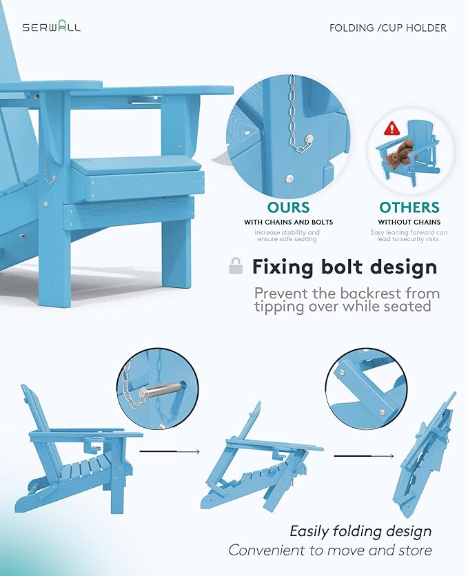 SERWALL Adirondack Chair with Cup Holders - Composite Adirondack Chairs Set of 8 HDPE Outdoor Chairs All Weather Use- Light Blue