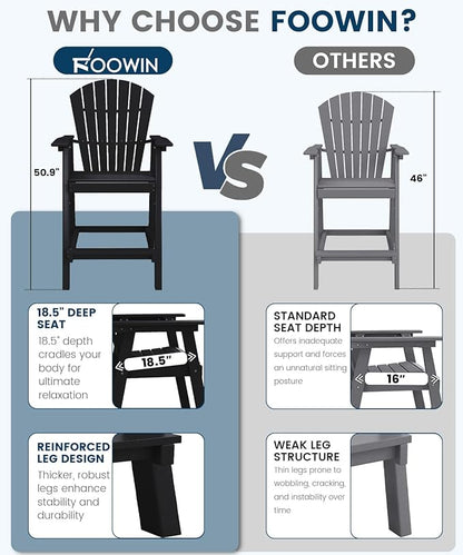 FOOWIN Tall Adirondack Chair Set of 8, All Weather HDPE Bar Height Adirondack Chair with Double Connecting Trays, Adirondack Barstools for Balcony, Deck, Backyard, Patio, Garden Black