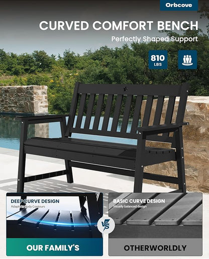 Outdoor Bench,2-Person Garden Bench,HDPE Outdoor Benches Weatherproof,Porch Bench with Backrest and Armrests for Patio,Backyard, Porch and Park,Coffee,810 Lbs Max Load Black
