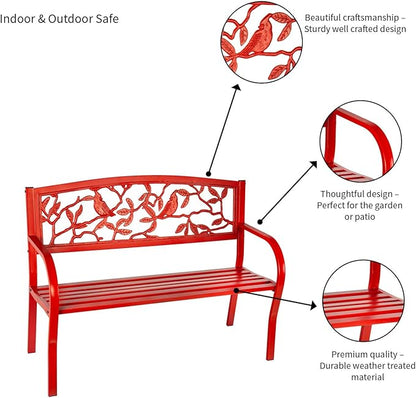 Evergreen Weatherproof Cardinal Outdoor Bench | Holds Up to 300 lbs | Furniture for Lawn Garden Patio Porch Park Deck | Steel | Red