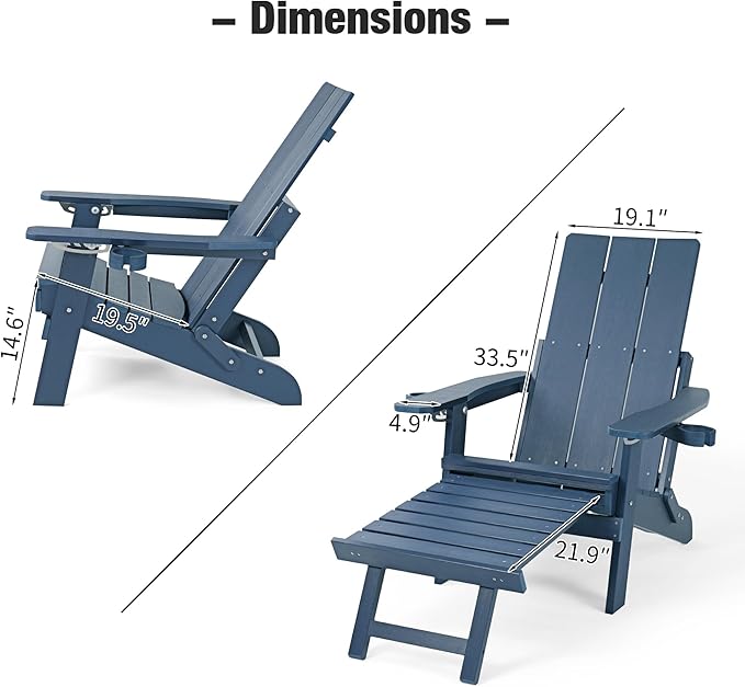 Mega Casa Poly Lumber Adirondack Chair with Cup Holders, Ottoman and Cushion, Adjustable Backrest, All-Weather Resistant HIPS Material, Wood-Like Pattern, Heavy Duty 700 LBS (Navy Blue)