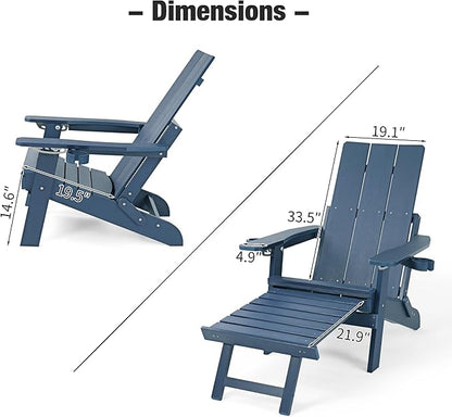 Mega Casa Poly Lumber Adirondack Chair with Cup Holders, Ottoman and Cushion, Adjustable Backrest, All-Weather Resistant HIPS Material, Wood-Like Pattern, Heavy Duty 700 LBS (Navy Blue)