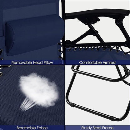 Folding Zero Gravity Reclining Textilene Lounge Chairs, Outdoor Adjustable Patio w/Pillows & Cup Holder Trays for Backyard, Beach, Poolside (NY)