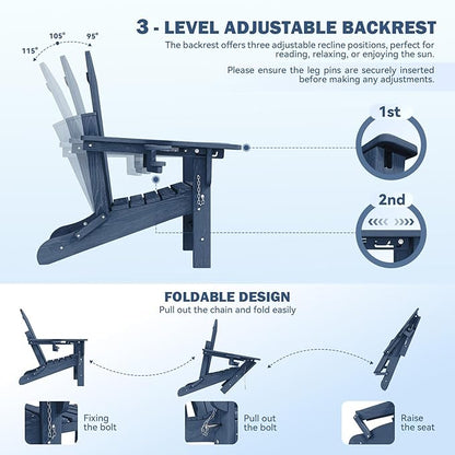 Mdeam 3-Level Adjustable Adirondack Chair with Retractable Ottoman, HDPE All-Weather Folding Fire Pit Chair with 2 Cup Holders, Outdoor Chair for Deck Patio Garden Backyard Lawn (Navy Blue)