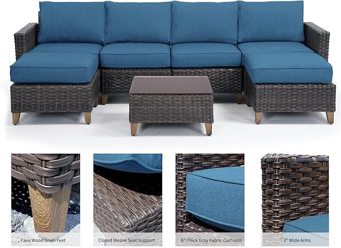 Grand patio Sofa Sets Outdoor Furniture Sets, Wicker Patio Furniture 7-Piece Sectional Sofa with Thick Cushions for Yard Garden Porch for Six (Peacock Blue Sofa Set for Six, 7 PCS)