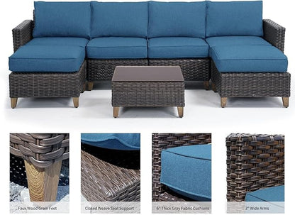 Grand patio Sofa Sets Outdoor Furniture Sets, Wicker Patio Furniture 7-Piece Sectional Sofa with Thick Cushions for Yard Garden Porch for Six (Peacock Blue Sofa Set for Six, 7 PCS)