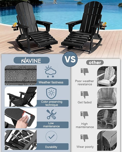 Adirondack Rocking Chair with Retractable Ottoman, All Weather Folding Adirondack Chair with Two Cup Holders, HDPE Adirondack Outdoor Rocking Chairs for Porch, Patio, Balcony. Black