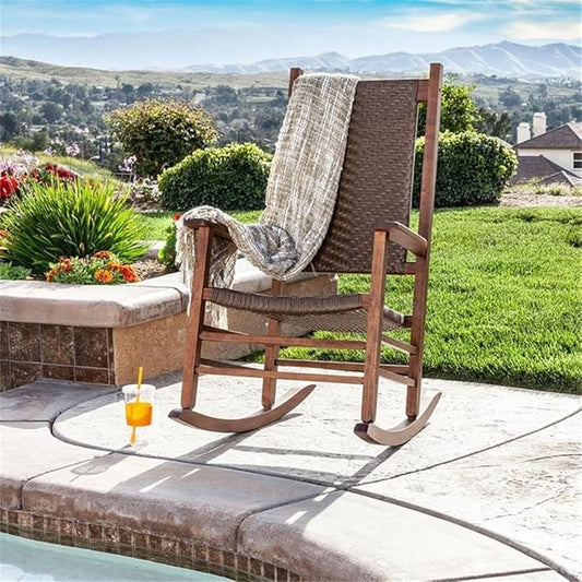 Pemberly Row Traditional Hardwood Outdoor Rocking Chair, Brown Finish, 45.25"H x 27"W x 34"D, Durable Kiln-Dried Wood, Weather-Resistant Porch Rocker, Ergonomic Design for Patio, Garden, or Deck Use