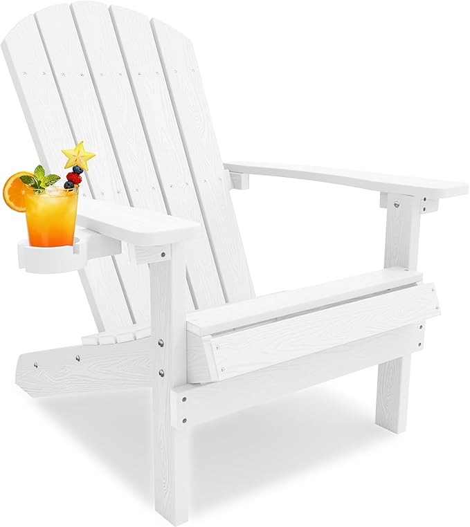 YEFU Adirondack Chair for Outdoor Patio: Zero Gravity Fire Pit Chair Plastic with Cup Holder & Wood Texture - Sturdy All-Weather HIPS for Backyard Poolside Lawn - Easy Assembly(White)