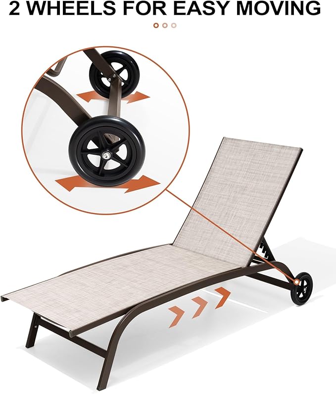 Crestlive Products Aluminum Chaise Lounge Chairs with Wheels Outdoor Adjustable Recliner Five-Position and Full Flat All Weather for Patio, Beach, Yard, Pool (2PCS Beige)