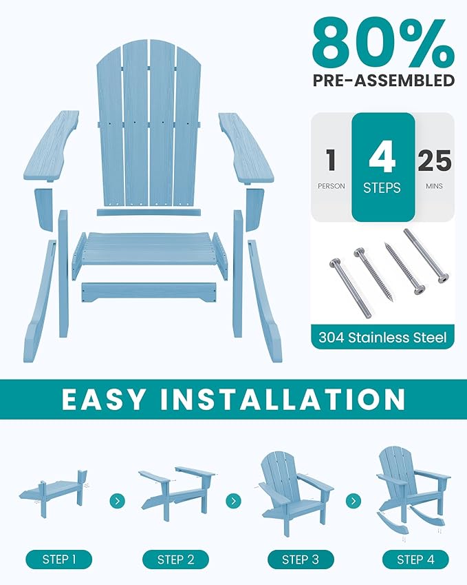 SERWALL Outdoor Adirondack Rocking Chairs Set of 4, All-Weather HDPE Adirondack Rocker Chair, Front Porch Rocker Chairs for Patio Lawn Porch Deck, Light Blue