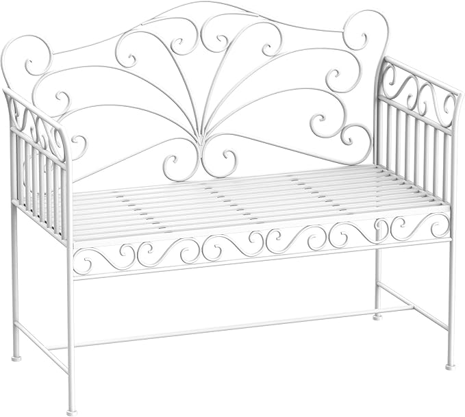 45in Cast Iron Classic Garden Bench Cream White Finish Durable Rust Resistant Weatherproof Heavy Duty Premium Construction