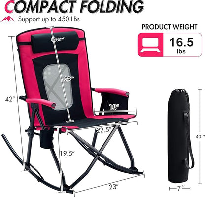 PORTAL Oversized Folding Rocking Camping Chair Portable Outdoor Rocker with High Back Hard Armrests Carry Bag, Supports 400 lbs