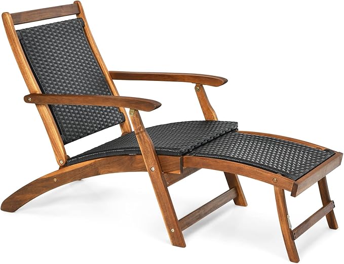 HAPPYGRILL Acacia Wood Chaise Lounge With Retractable Footrest - Rattan Wicker Folding Collapsible Chair for Poolside - Photo 1