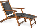 HAPPYGRILL Acacia Wood Chaise Lounge With Retractable Footrest - Rattan Wicker Folding Collapsible Chair for Poolside - Photo 1