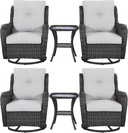 Rilyson Wicker Rocking Chair Swivel Chairs – 6 Piece Rocker Patio Furniture Set Rattan Rocking Bistro Sets with Glass Top Side Table for Outdoor Porch Deck Garden Backyard(Brown/Beige)