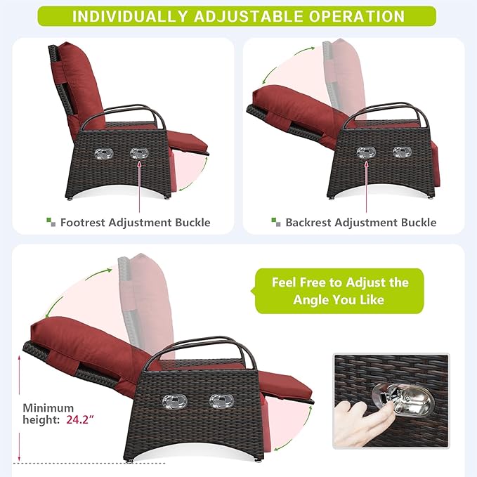 ATR ART TO REAL Outdoor Recliner Chairs, PE Wicker Reclining Lounge Chair with Removable Soft Cushion, Adjustable Outside Recliners for Patio, Porch, Poolside, Balcony, Lawn (Red, 1 PC)