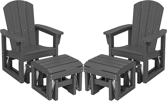 SERWALL Outdoor Glider Chair Set of 2 with Ottoman, HDPE Wood-Like Patio Glider Set All-Weather Porch Glider for Outside, Gray