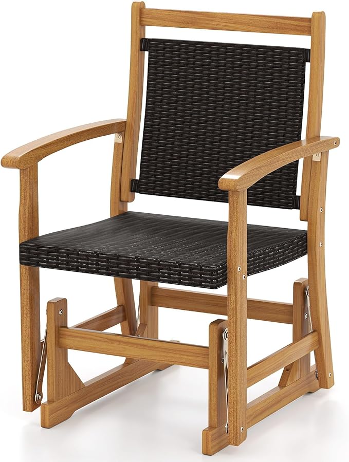RELAX4LIFE Wooden Outdoor Glider Chair - Rattan Swing Gliding Rocker Armchair w/Acacia Wood Armrests, Wicker Back & Seat, Rocking Patio Chair for Porch Balcony Backyard Pool Garden (24'')