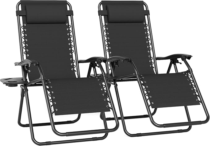 Set of 2 Adjustable Zero Gravity Lounge Chairs Outdoor Recliner w/Cup Holder Tray & Removable Pillows - Photo 8