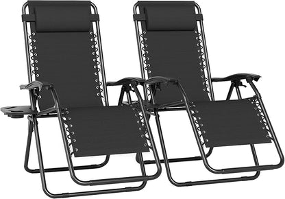 Set of 2 Adjustable Zero Gravity Lounge Chairs Outdoor Recliner w/Cup Holder Tray & Removable Pillows, Ergonomic Reclining Chair for Camping Patio Lawn Balcony (Black)