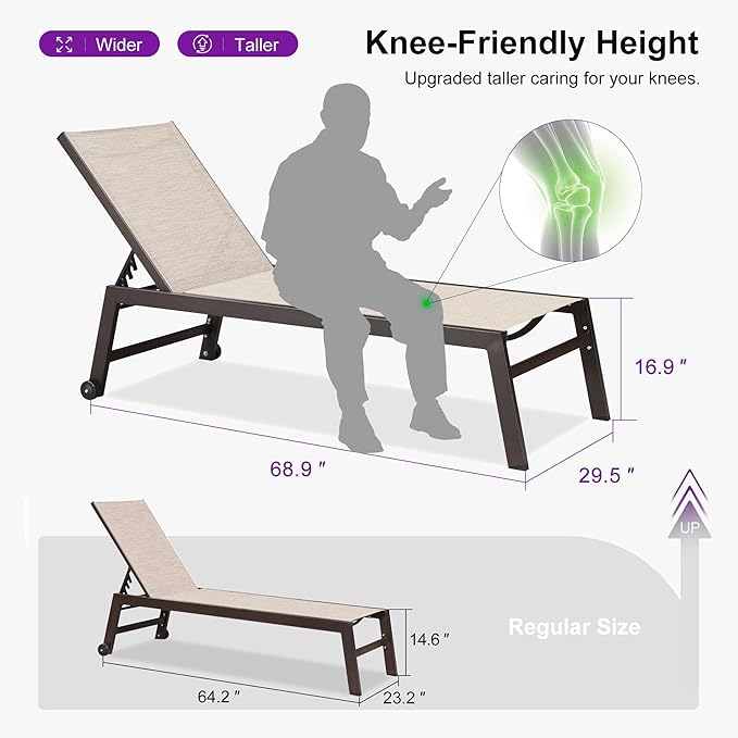 PURPLE LEAF Larger Patio Lounge Chairs Set of 3, Reclining Pool Lounge Chairs with Side Table and Wheels for All Weather for Outdoor, Deck, Aluminum Outside Pool, Beige