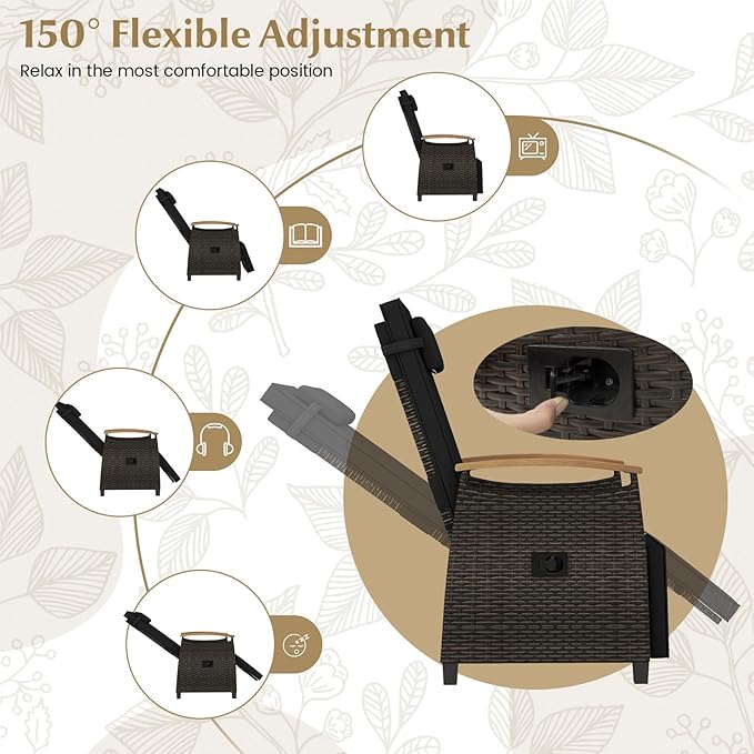 Tangkula Patio Wicker Recliner Chair, Rattan Lounge Chair w/Adjustable Backrest & Footrest, Flip Side Table - Photo 6