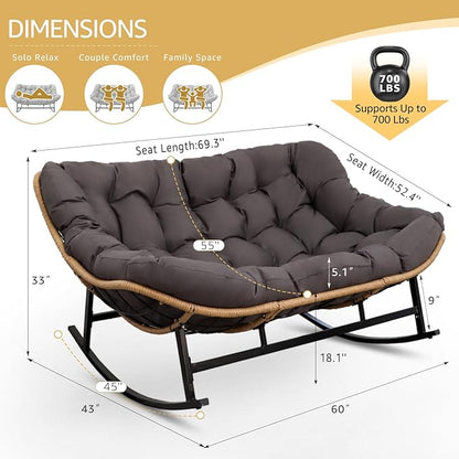 NICESOUL Oversized Double Rocking Papasan Chair with Cushion, 2 Person Big Wicker Outdoor Comfy Recliner, Large Heavy Duty 700 lbs Loveseat for Patio, Balcony, Backyard (Grey, 2 Seats w/Ottoman)