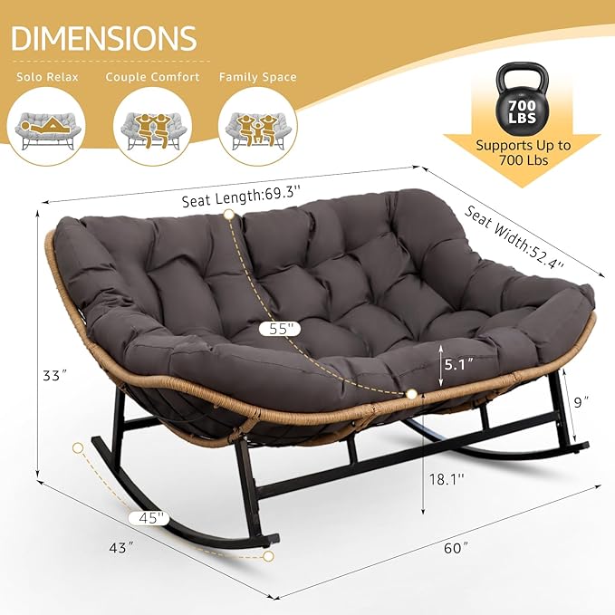 NICESOUL Double Papasan Rocking Chair Outdoor Indoor, XL Large Patio Padded Glider Lounge Chairs for 2, Comfortable Egg Rocker Loveseat with Cushion, Wide Big Recliner for Outside Balcony, Grey
