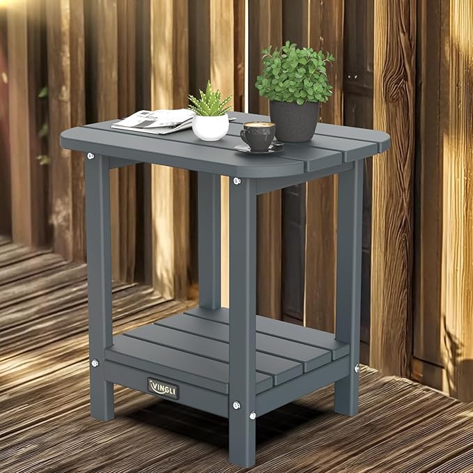 VINGLI Outdoor Side Table, 2-Tier HDPE Adirondack Side Table with Storage, Weather-Resistant Patio End Table for Backyard, Pool, Deck, Indoor Use (Grey)