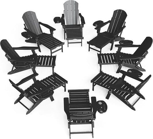 FOOWIN Adirondack Chair with Retractable Ottoman,HDPE Folding Adjustable Adirondack Chair w/4 in 1 Cup Holder Trays,All-Weather Resistant Fire Pit Chair for Outdoor Patio Lawn Set of 8