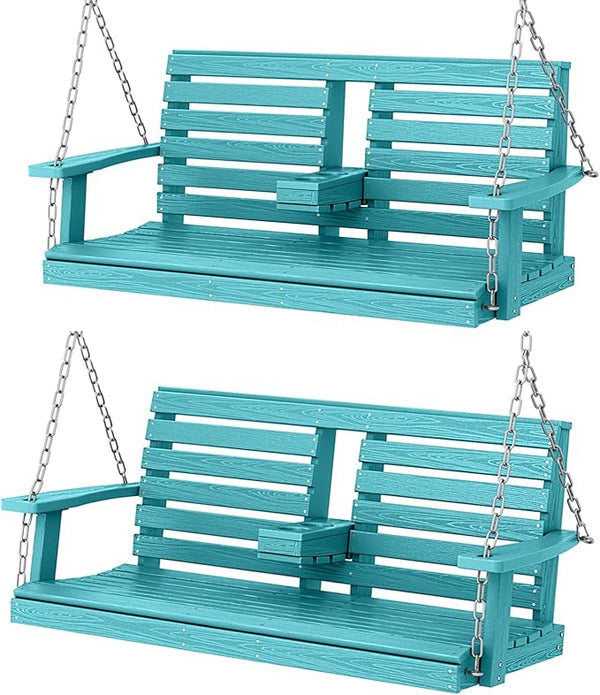 KINGYES Outdoor Hanging Patio Swing Set, 2 Seat Swing Chair with Cup Holders, Waterproof Bench for Courtyard & Garden - Photo 1