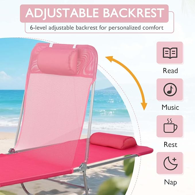 3-in-1 Heavy Duty Tanning Chair with Face Hole Adjustable 5-Position Folding Chaise Lounge Chairs Portable Lay Flat Beach Lounge Chair for Outdoor Sunbathing Patio Pool Lawn Camping Deck (Pink 2)
