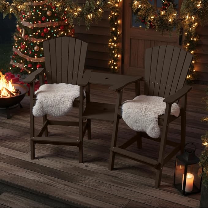 Tall Adirondack Chairs Set of 2, HDPE Outdoor Adirondack Chairs with Double Connecting Tray, Bar Height High Back Patio Chairs for Balcony, Deck, Backyard (Grey)