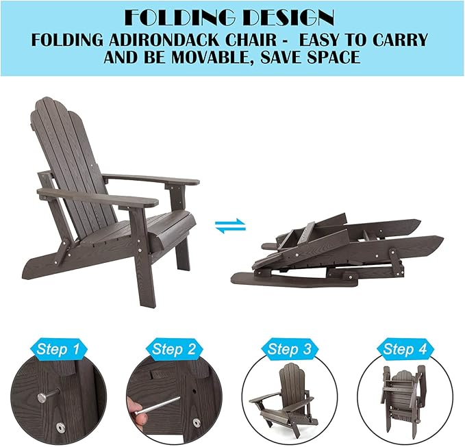 hOmeHua Folding Adirondack Chair, HIPS Foldable Adirondack Chairs Weather Resistant, Plastic Outdoor Chair for Patio, Backyard Deck, Fire Pit Lawn Porch (Dark Brown)