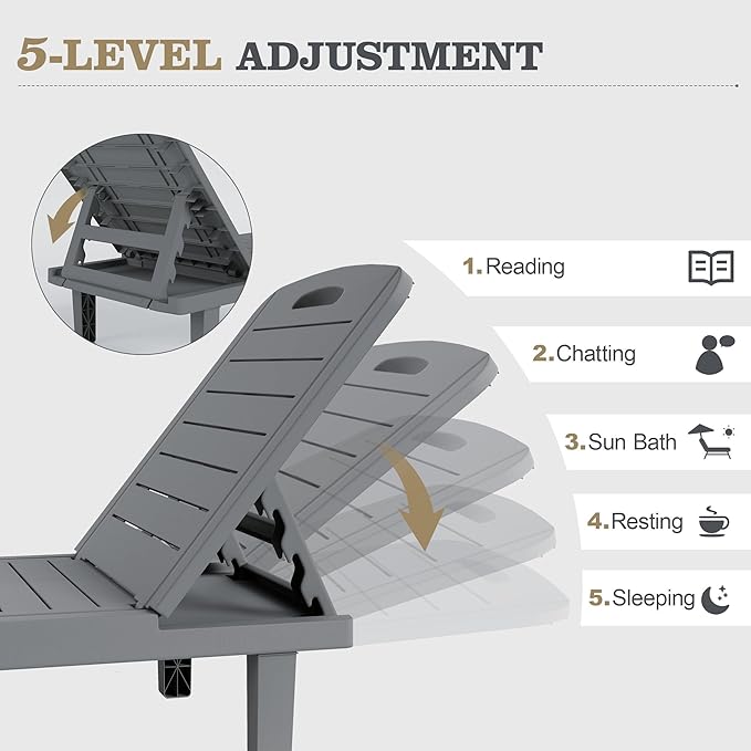 UDPATIO Outdoor Lounge Chairs Set of 2, Resin Adjustable Backrest & Side Table – Oversized Heavy Duty Patio Reclining Lounger Seating for Pool, Beach,Garden,Resin Grey,2 PCS