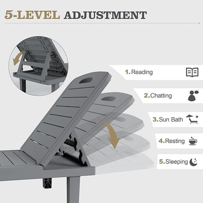 UDPATIO Outdoor Lounge Chairs Set of 2, Resin Adjustable Backrest & Side Table – Oversized Heavy Duty Patio Reclining Lounger Seating for Pool, Beach,Garden,Resin Grey,2 PCS
