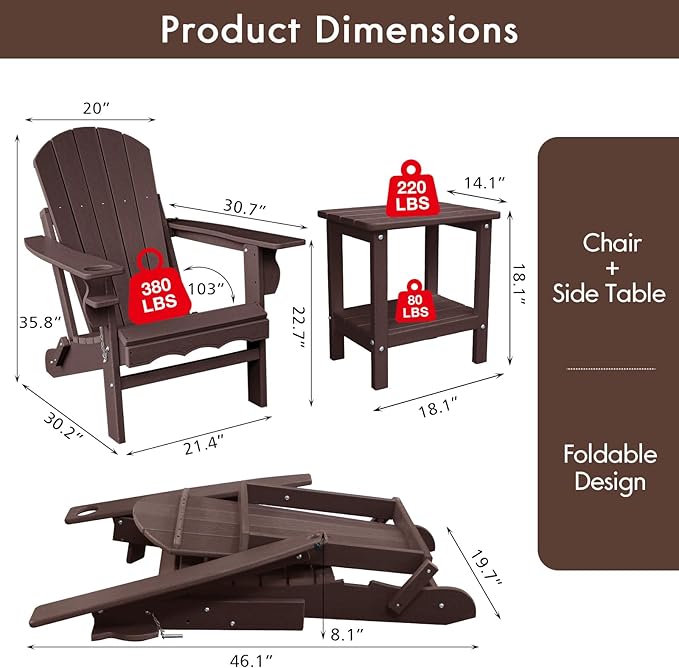 Folding Adirondack Chairs, HDPE Plastic Adirondack Chair with Side Table, Weather Resistant, Unfading, for Patio - Photo 2