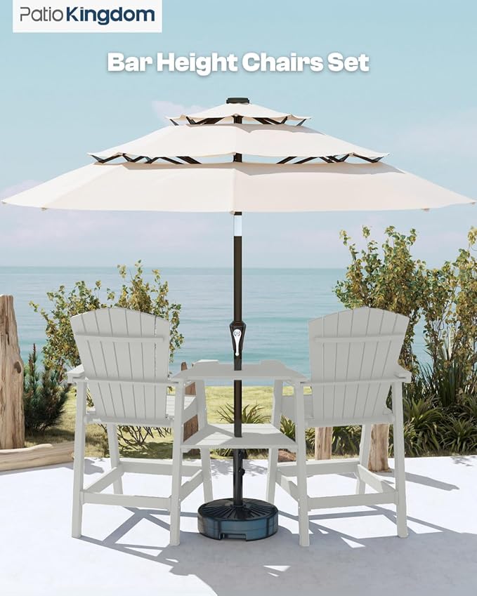 Tall Adirondack Chairs Set of 2, Bar Height HDPE Deck Chairs with Connecting Trays & Umbrella Hole, Weatherproof Patio Bar Stools for Balcony, Garden, White
