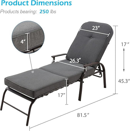U-MAX Adjustable Outdoor Chaise Lounge Chair Patio Lounge Chair Recliner Furniture with Armrest and Cushion for Deck, Poolside, Backyard (Grey, 2PCS)