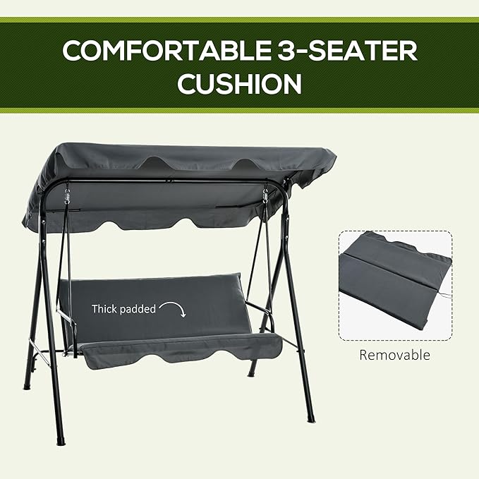 Outsunny 3-Seat Outdoor Patio Swing Chair with Removable Cushion, Steel Frame Stand and Adjustable Tilt Canopy for Patio - Photo 6