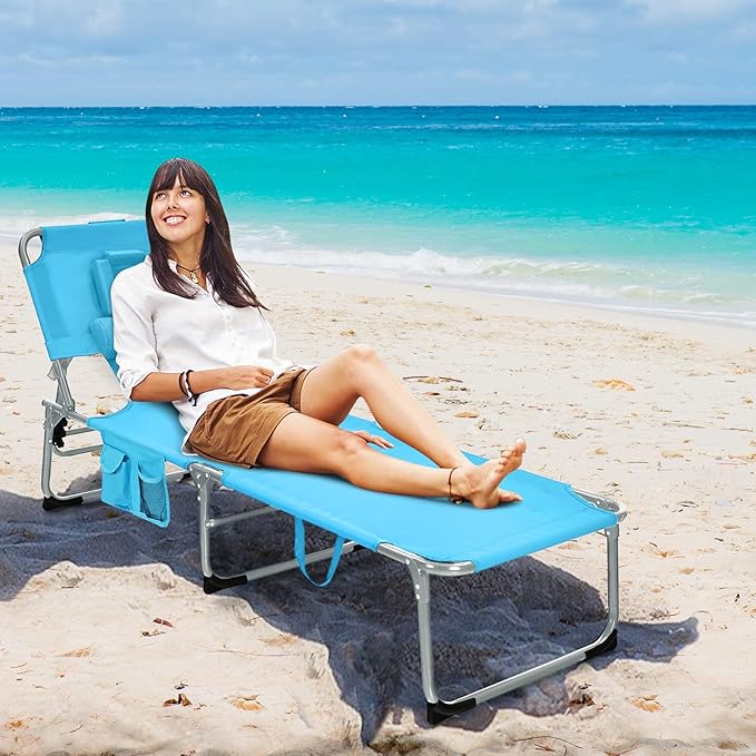 Tangkula Tanning Chair with Face Hole, Patio Folding Adjustable Reclining Beach Sunbathing Lounge Chair with Side Pocket, Portable Face Down Chaise Lounge for Outdoor Backyard Poolside (2)