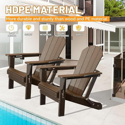 GOWE Adirondack Chairs Set of 2, Plastic Adirondack Chair, Adirondack Chairs, HDPE Adirondack Chair, Folding Adirondack Chairs, Outdoor Chairs with Cup Holder for Lawn Patio Deck Fire Pit -Brown