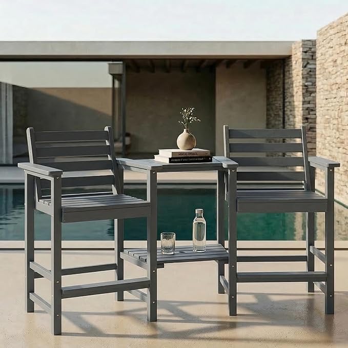 Kingdura Tall Adirondack Chairs Set of 2, Weather Resistant HDPE Bar Height Outdoor Stools with Removable Double Connecting Trays, Wooden Grain for Patio, Balcony, Deck (Grey)