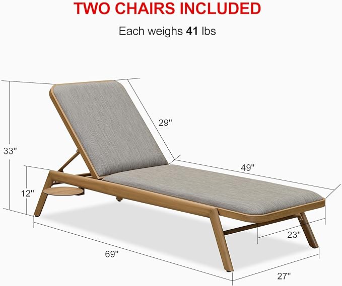 PURPLE LEAF Chaise Lounge Outdoor Chairs with Cushion Aluminum Pool Side Sun Lounges Adjustable Reclining Patio Set Pack of 2 Teak