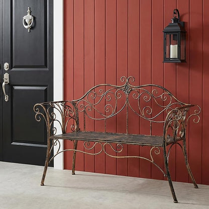 52 in Garden Bench,Cast Iron Outdoor Benches Metal Frame Patio Park Bench for Outside, Front Porch, Park, Lawn, Yard,Backyard and Balcony, Bronze