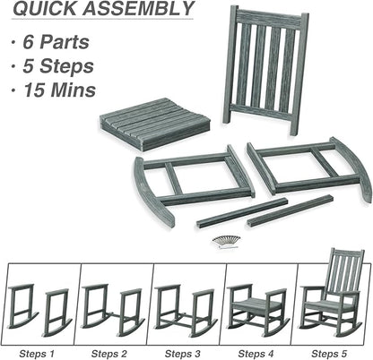 Rocking Chair Outdoor, HDPE Oversized Patio Rocking Chairs, Weather Resistant, 350lbs Heavy Duty Porch Rocker with High Back for Backyard, Fire Pit, Garden and Indoor (Grey)