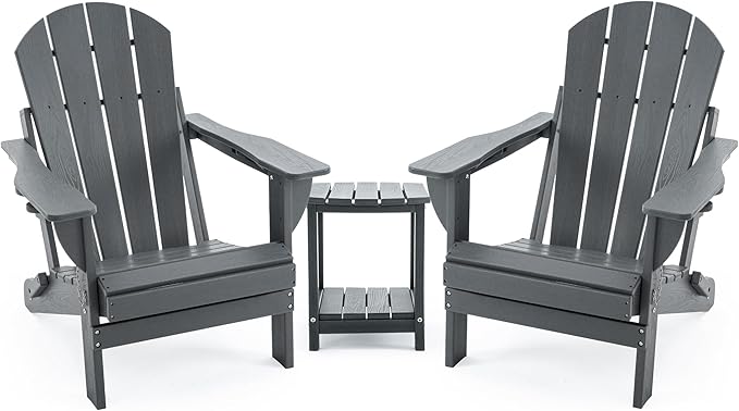 Folding Adirondack Chair Set with Side Table - HDPE Outdoor Patio Chairs, Weatherproof Chair with Reclining Back, Cup & Phone Holder, and 2-Tier Storage End Table for Firepit or Garden (Grey)